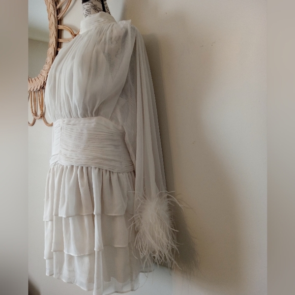 A Loves A Chiffon Feather Trim Ruched Mock Neck Long Sleeve Fit and Flare Dress - Picture 8 of 12